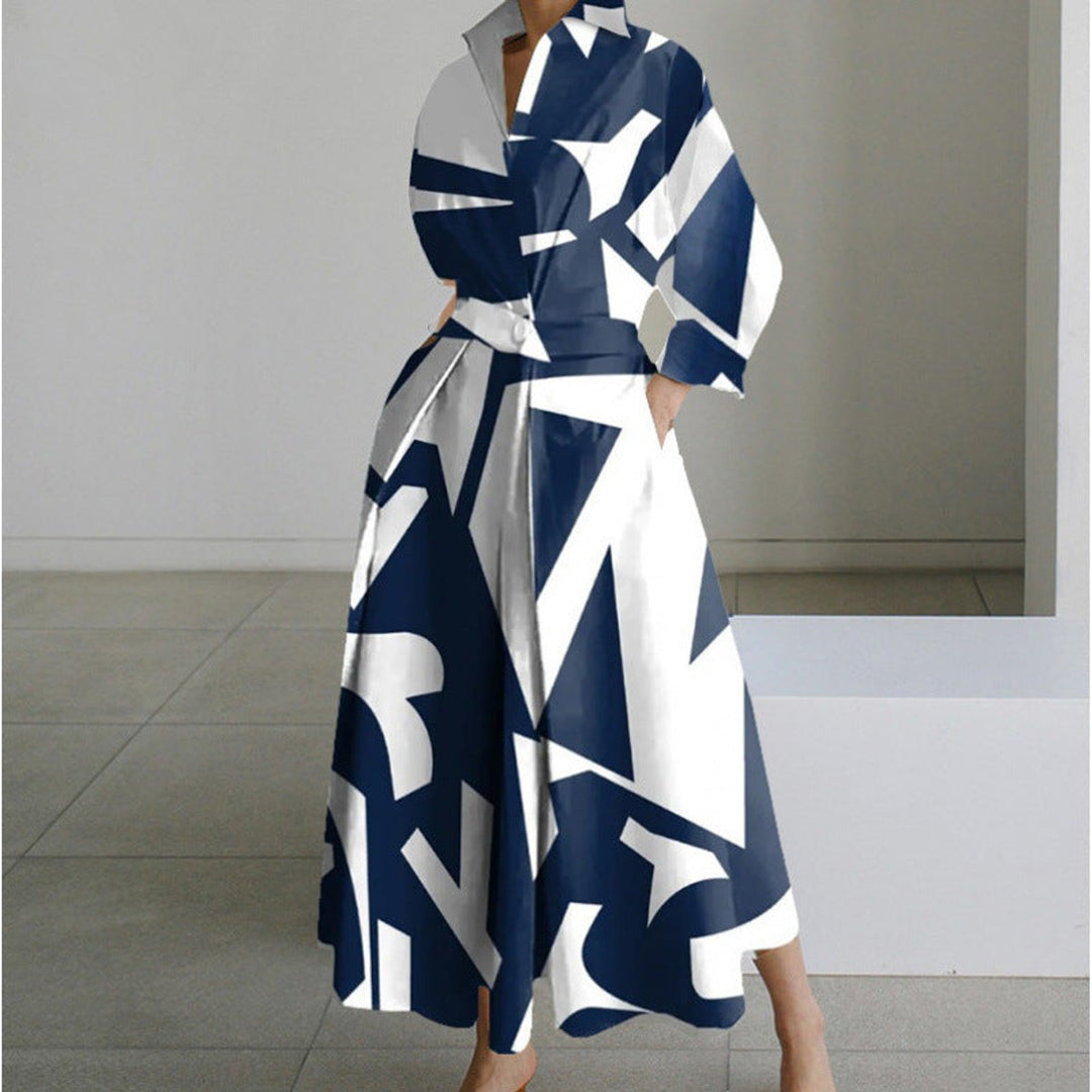 Women's Newspaper Print Collared Wrap Maxi Dress - Blue Stripe