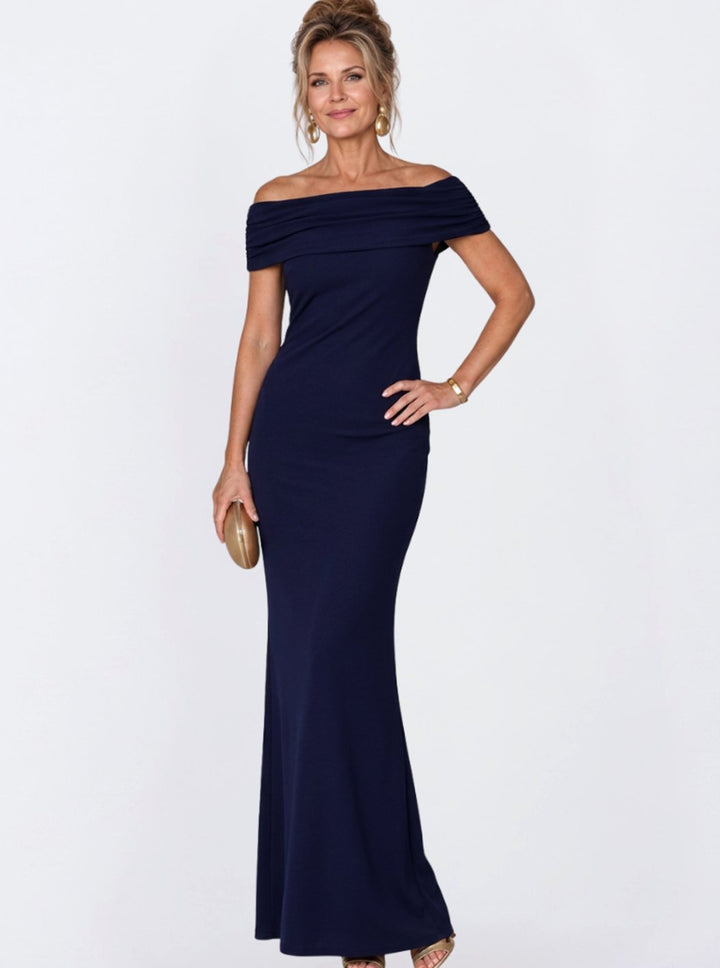 Women's Off-Shoulder Bodycon Cocktail Dress Twist Back Maxi Gown - Navy Blue