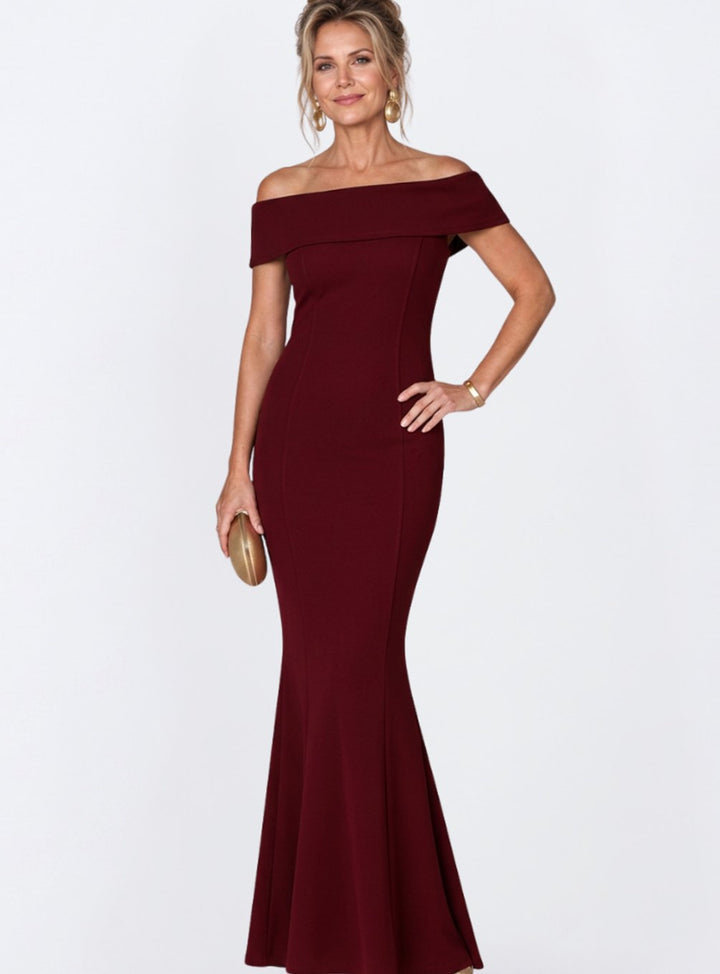 Women's Off-Shoulder Bodycon Cocktail Dress Twist Back Maxi Gown - Burgundy