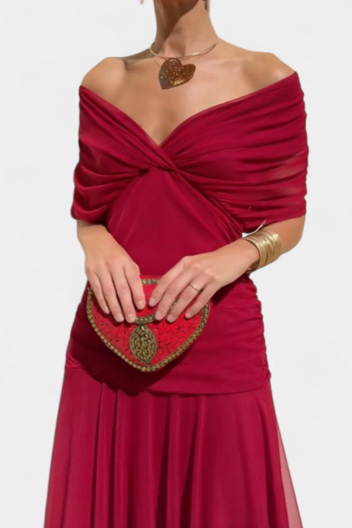 Women's Off-Shoulder Flowing Maxi Cocktail Party Dress - Red