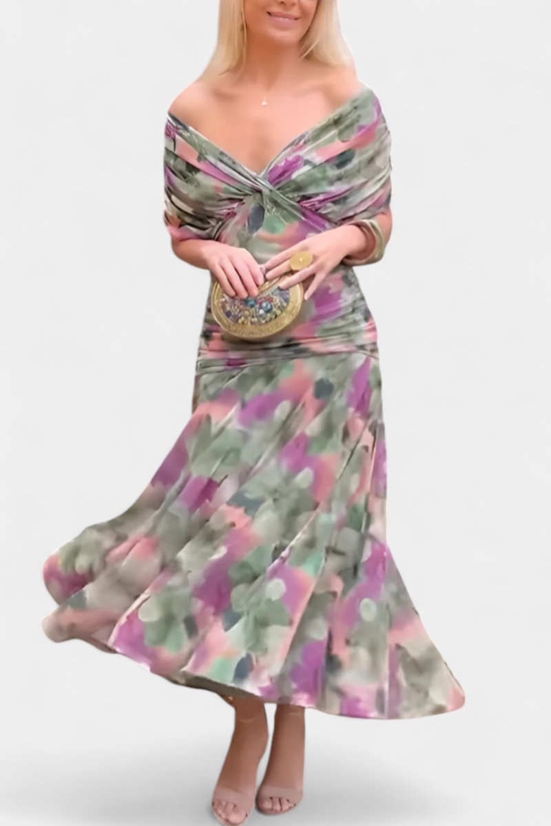 Women's Off-Shoulder Flowing Maxi Cocktail Party Dress - Multicoloured
