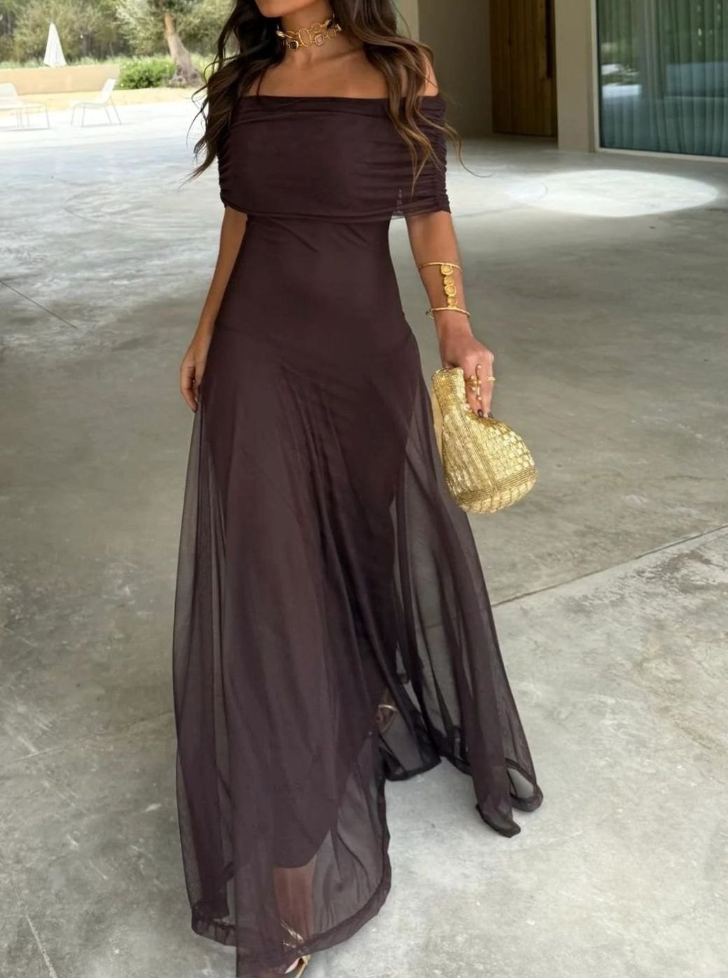 Women's Off-Shoulder Maxi Long Sleeve Dress Flowing Evening Gown - Brown