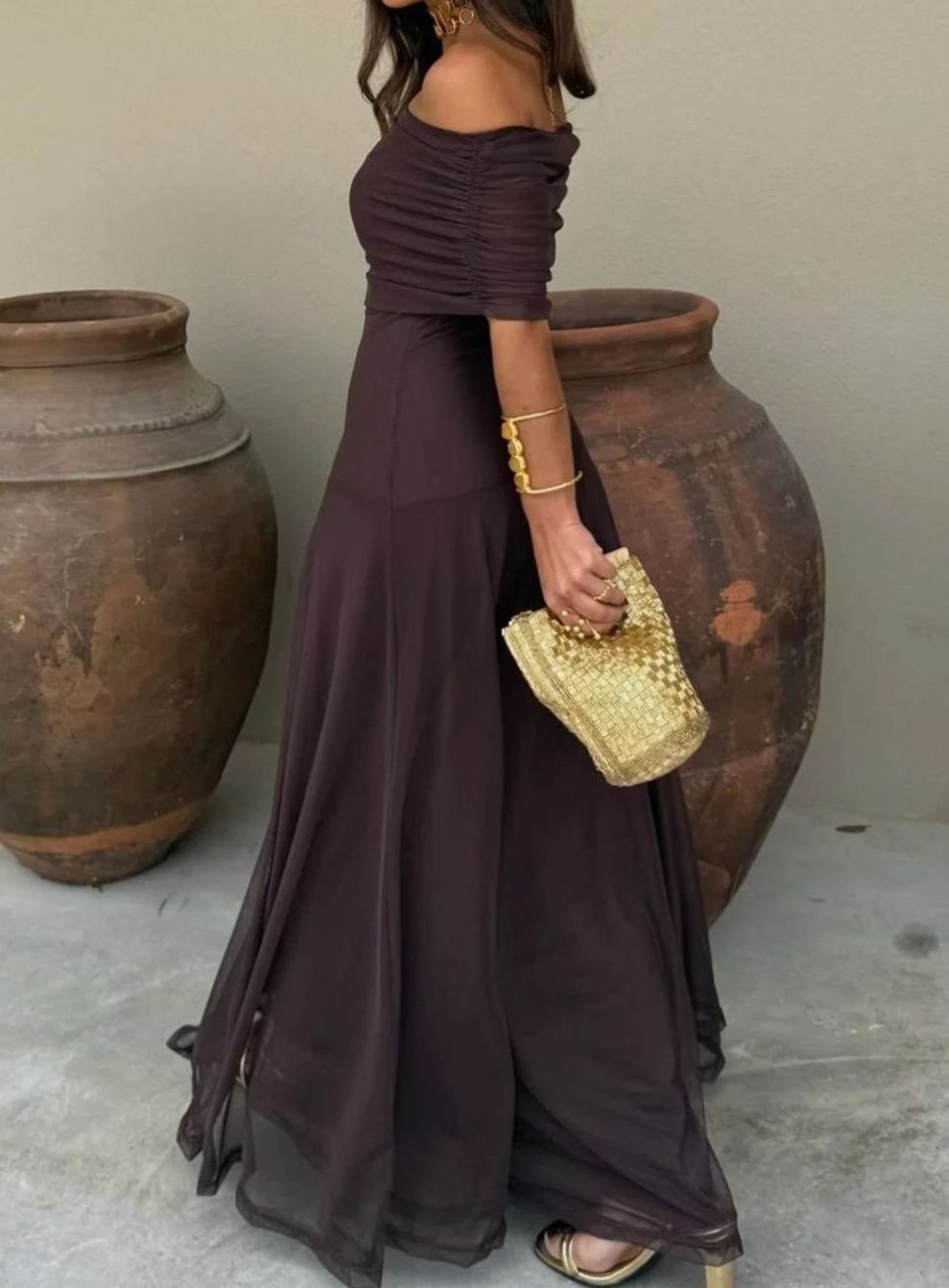 Women's Off-Shoulder Maxi Long Sleeve Dress Flowing Evening Gown