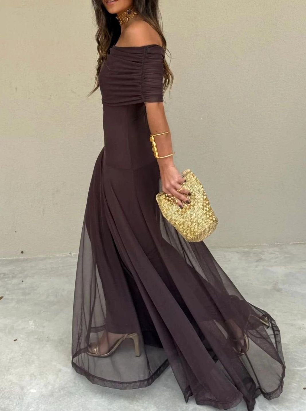 Women's Off-Shoulder Maxi Long Sleeve Dress Flowing Evening Gown