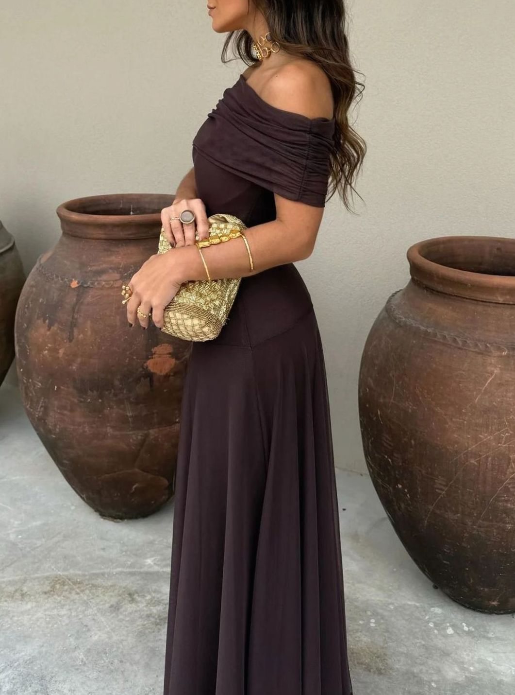 Women's Off-Shoulder Maxi Long Sleeve Dress Flowing Evening Gown