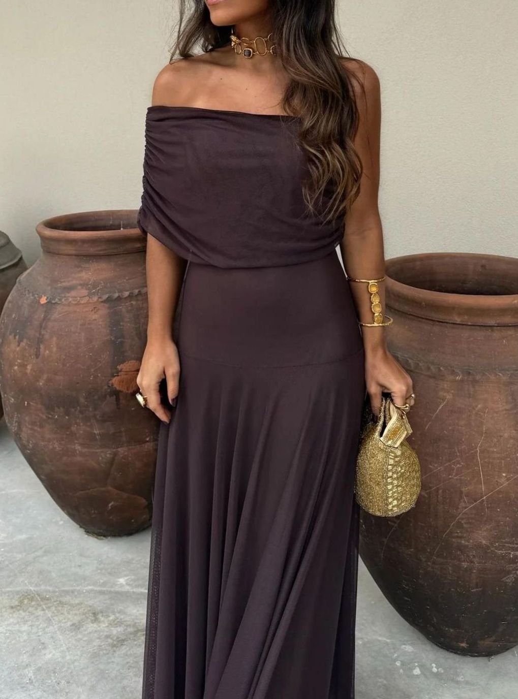 Women's Off-Shoulder Maxi Long Sleeve Dress Flowing Evening Gown