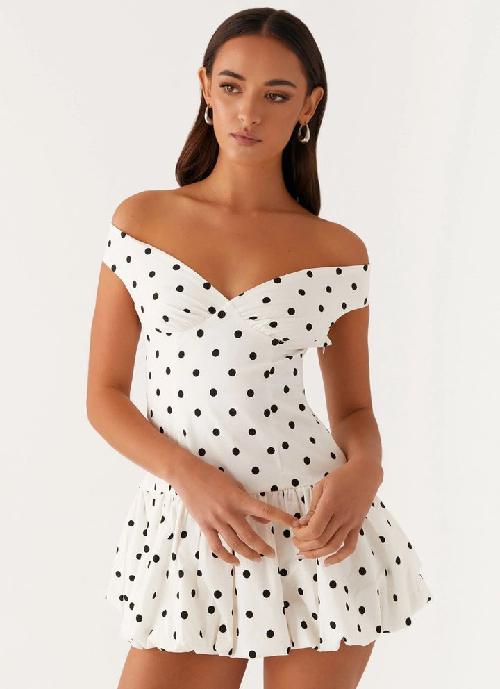 Women's Off-Shoulder Polka Dot Peplum Mini Dress Sleeveless - White