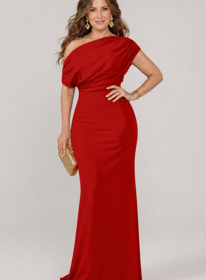 Women's One-Shoulder Draped Bodice Maxi Cocktail Dress - Red