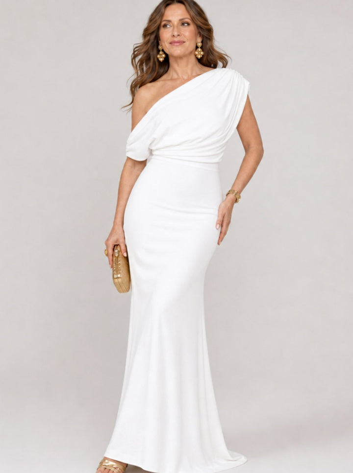 Women's One-Shoulder Draped Bodice Maxi Cocktail Dress - White