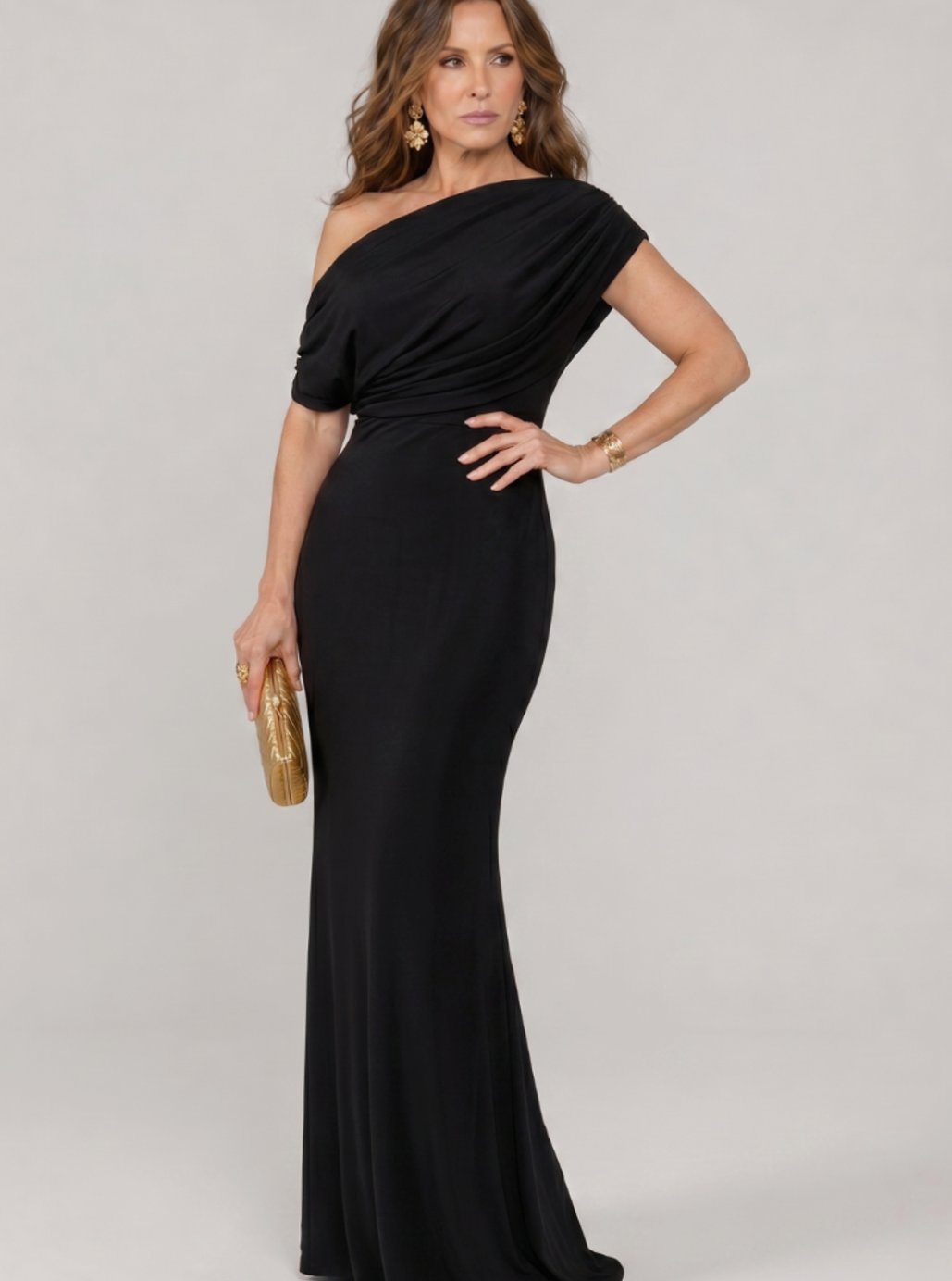 Women's One-Shoulder Draped Bodice Maxi Cocktail Dress - Black