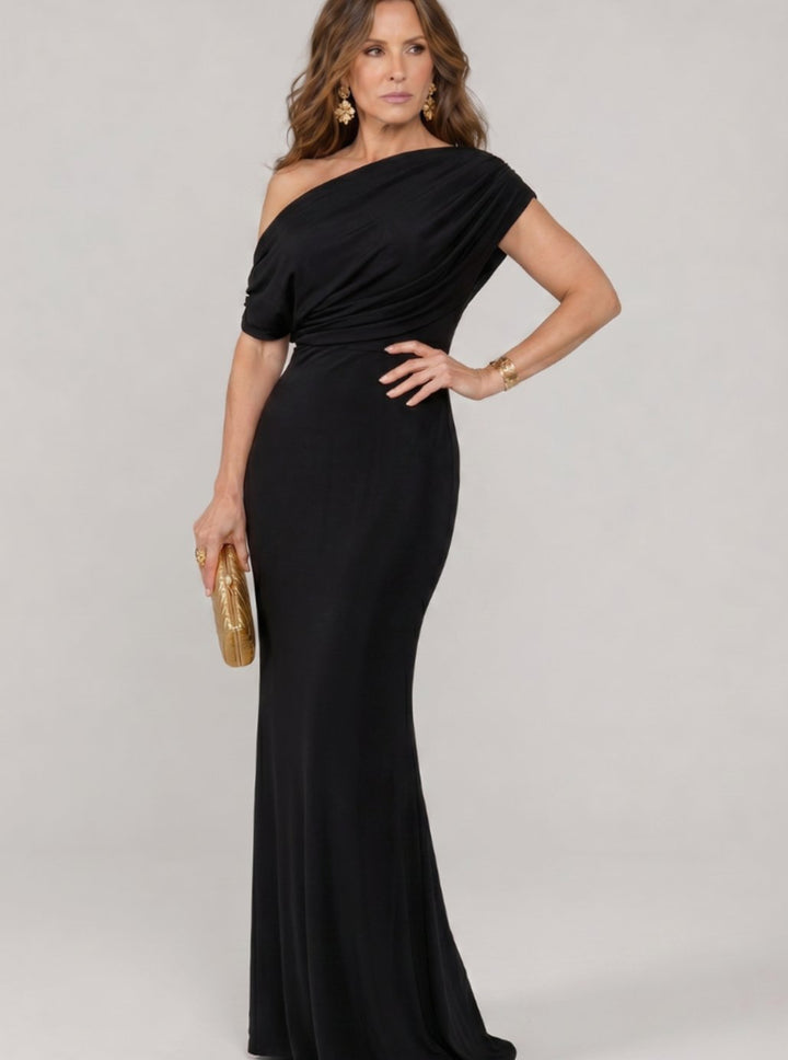 Women's One-Shoulder Draped Bodice Maxi Cocktail Dress - Black