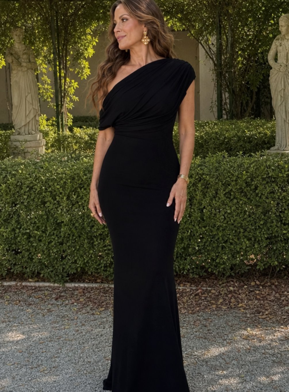 Women's One-Shoulder Draped Bodice Maxi Cocktail Dress