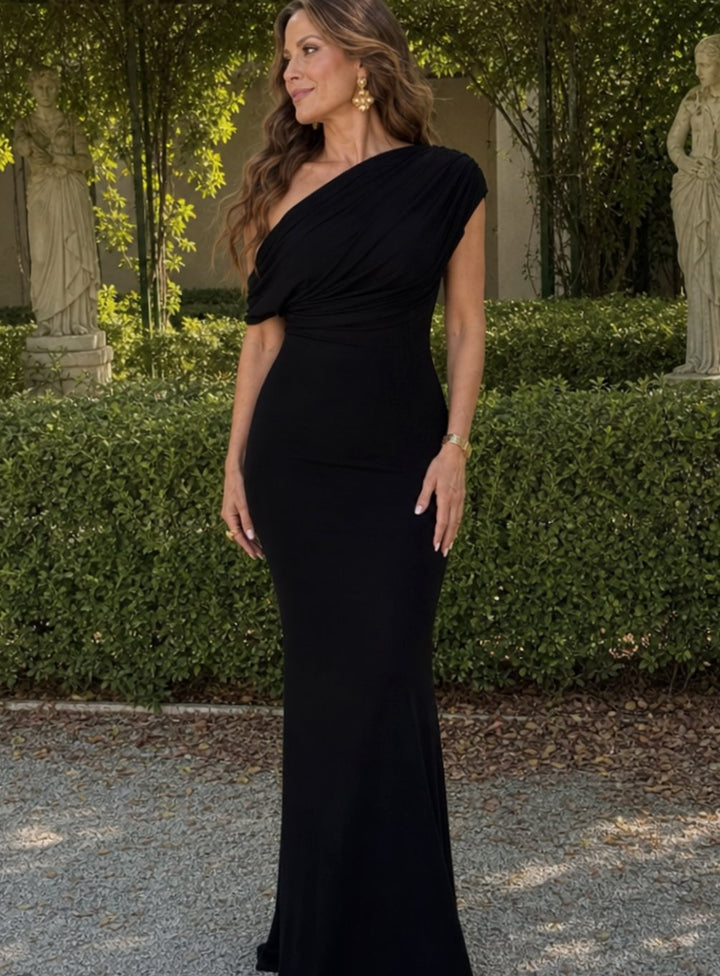 Women's One-Shoulder Draped Bodice Maxi Cocktail Dress