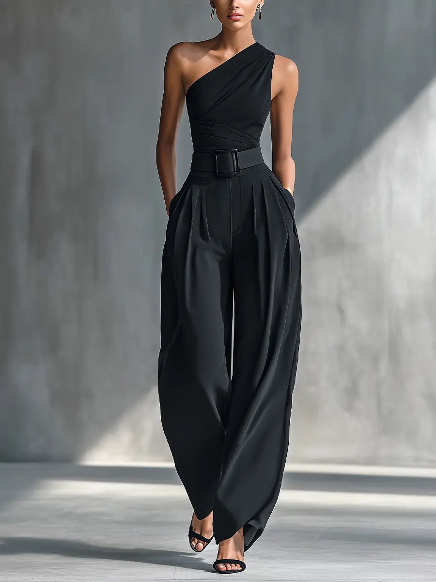 Women's One-Shoulder Knit Wide-Leg Trouser Set - Black