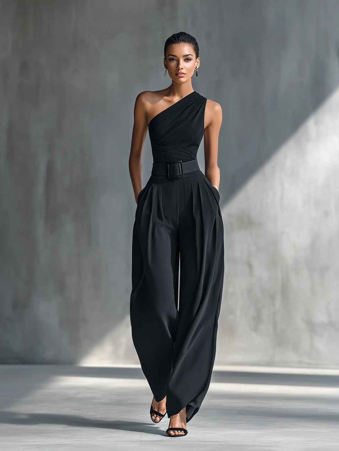 Women's One-Shoulder Knit Wide-Leg Trouser Set