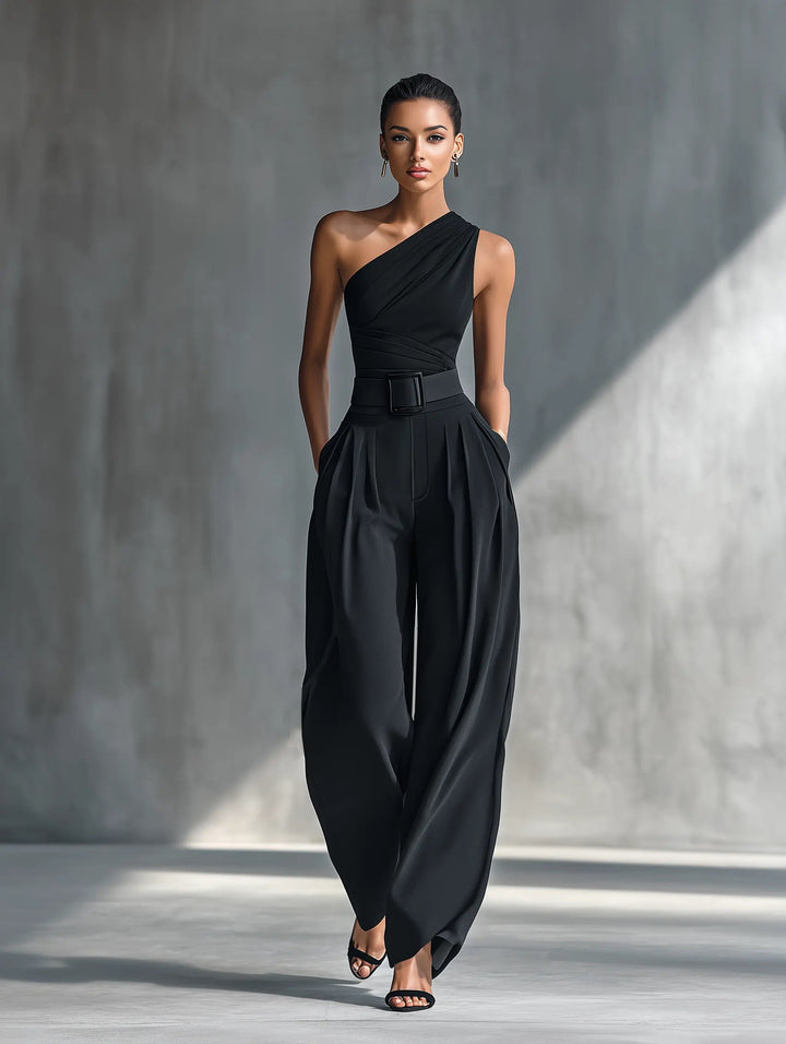 Women's One-Shoulder Knit Wide-Leg Trouser Set