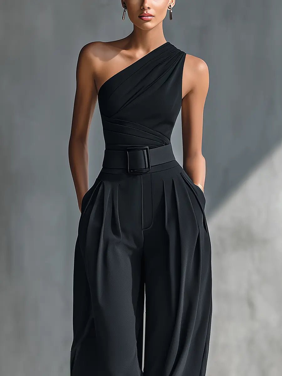 Women's One-Shoulder Knit Wide-Leg Trouser Set