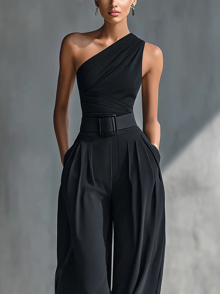 Women's One-Shoulder Knit Wide-Leg Trouser Set