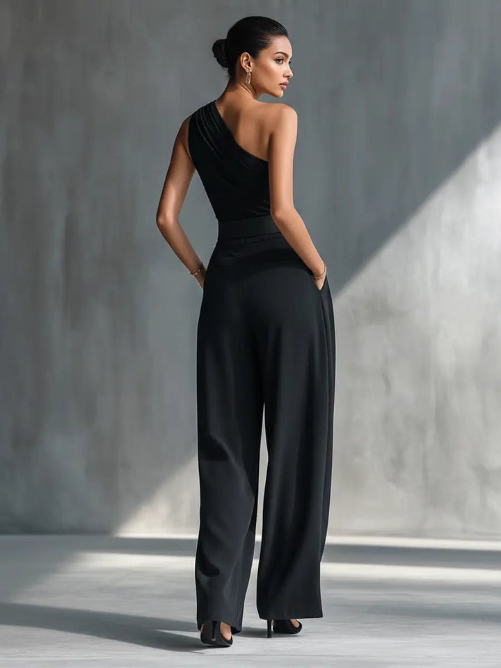 Women's One-Shoulder Knit Wide-Leg Trouser Set