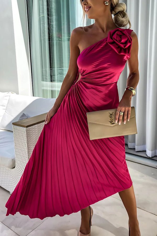 Women's One Shoulder Pleated Maxi Dress with Floral Detail - Red
