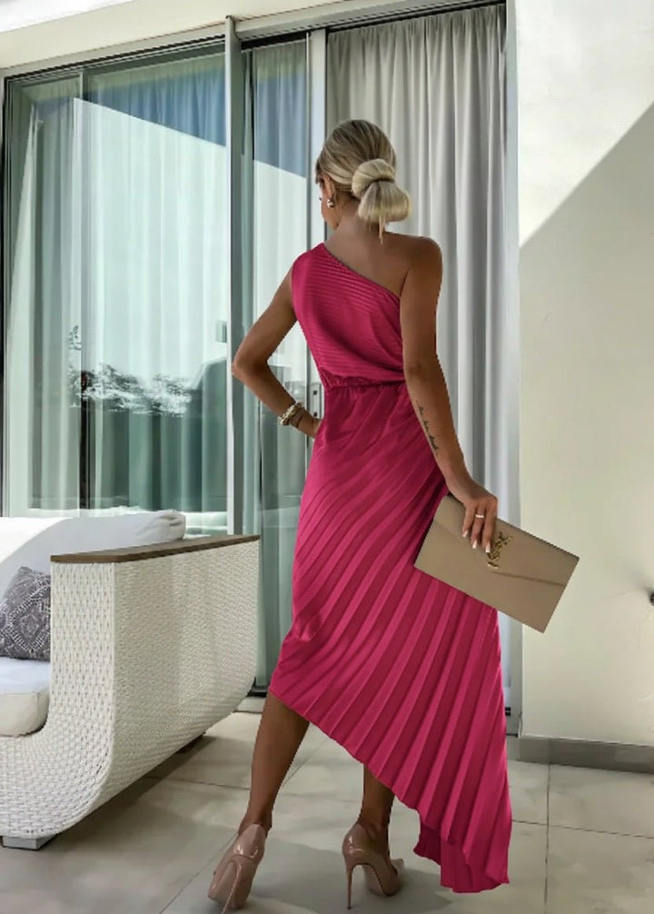 Women's One Shoulder Pleated Maxi Dress with Floral Detail