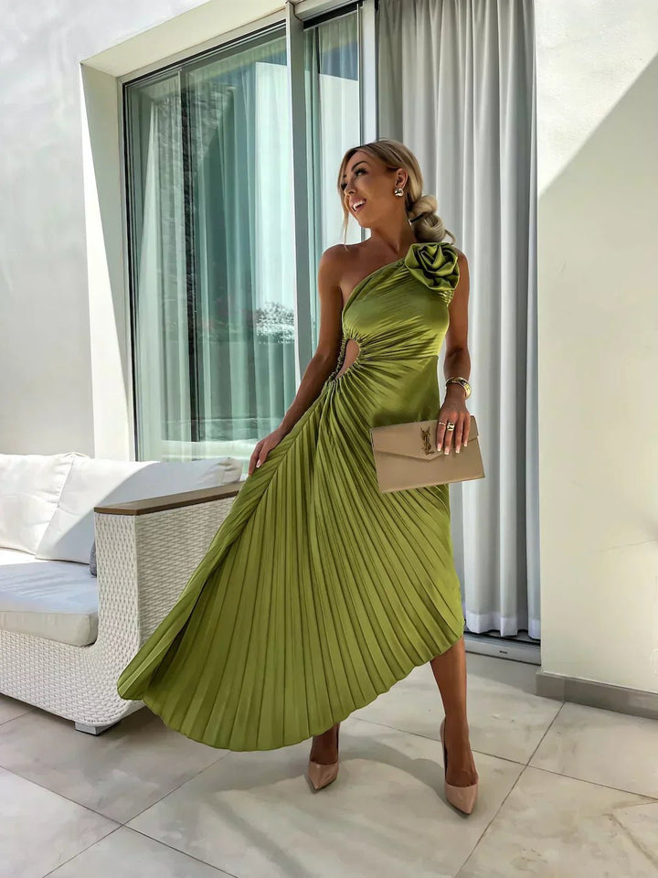 Women's One Shoulder Pleated Maxi Dress with Floral Detail