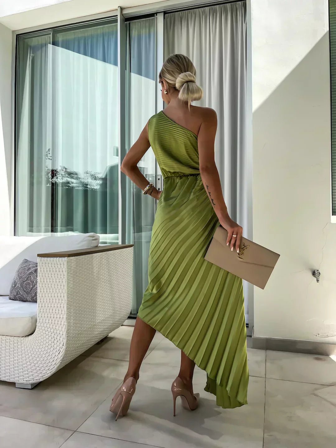 Women's One Shoulder Pleated Maxi Dress with Floral Detail