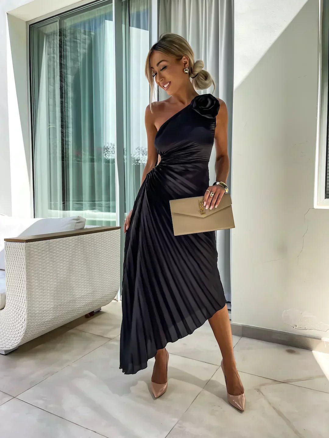 Women's One Shoulder Pleated Maxi Dress with Floral Detail - Black