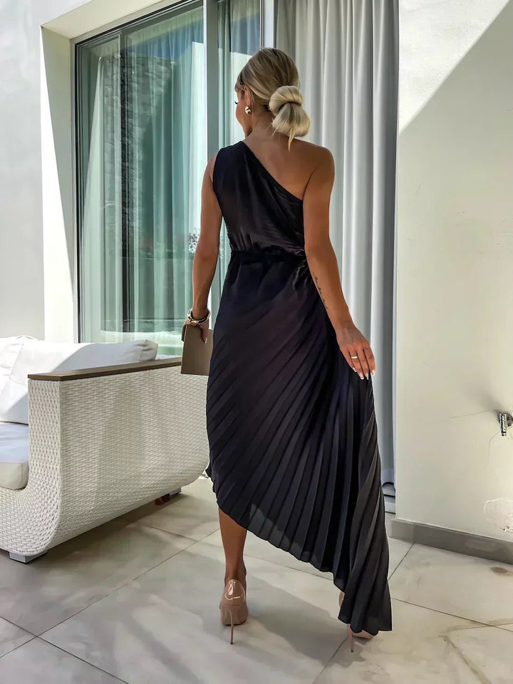Women's One Shoulder Pleated Maxi Dress with Floral Detail
