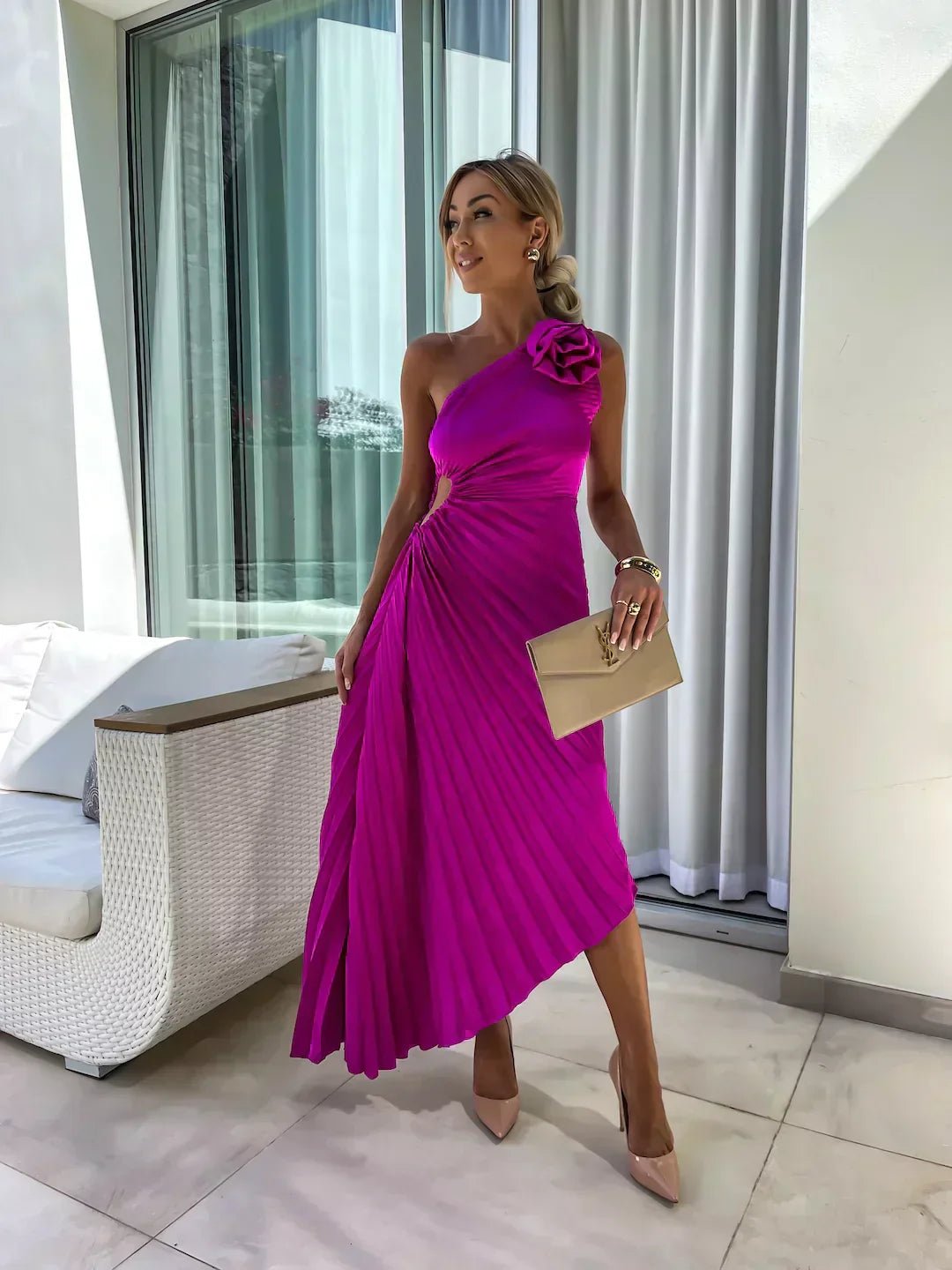 Women's One Shoulder Pleated Maxi Dress with Floral Detail - Purple
