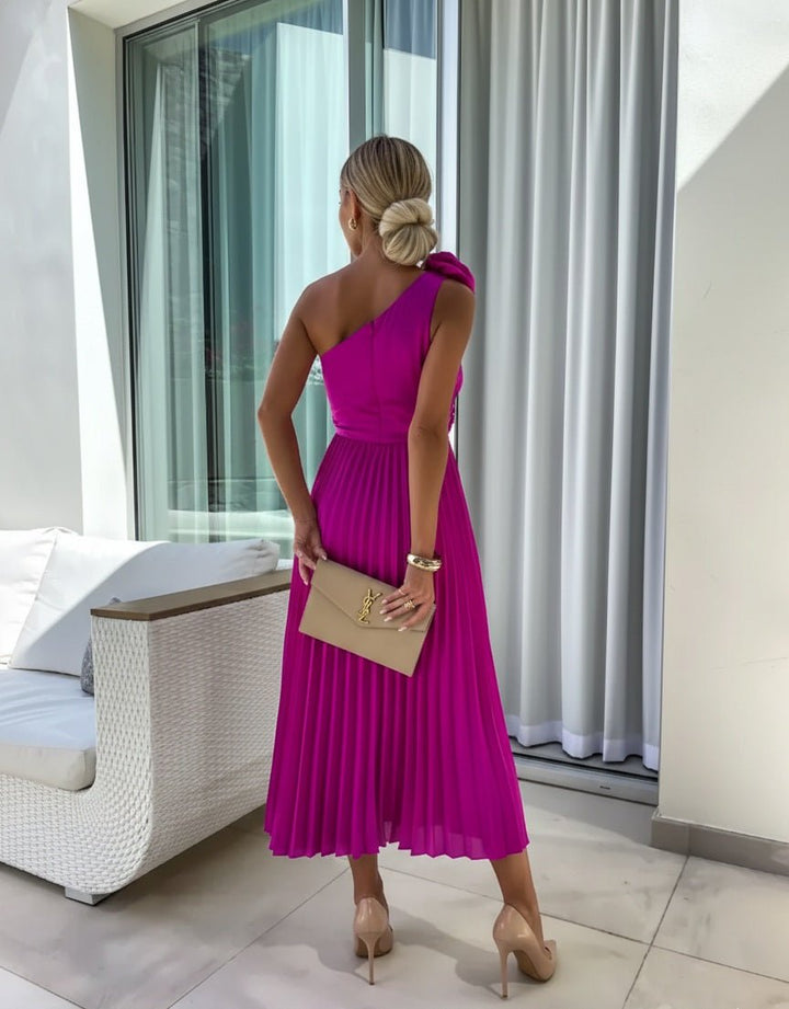 Women's One Shoulder Pleated Maxi Dress with Floral Detail