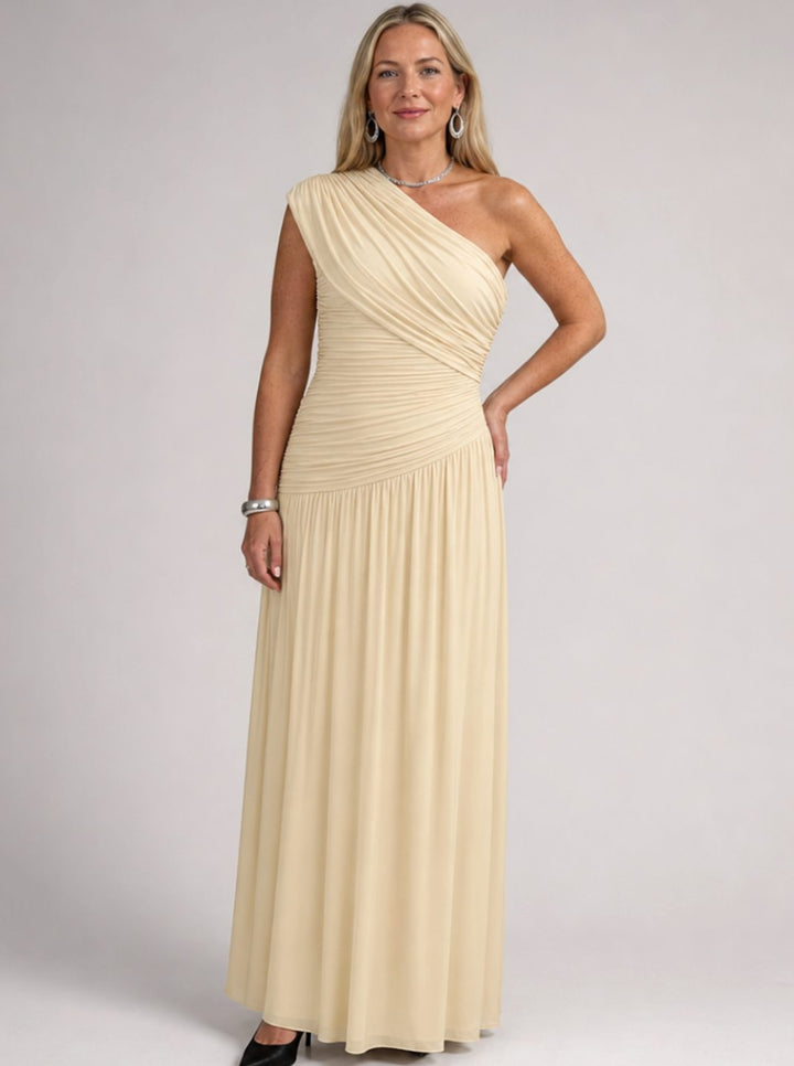 Women's One-Shoulder Ruched Bodice Maxi Cocktail Dress - Beige