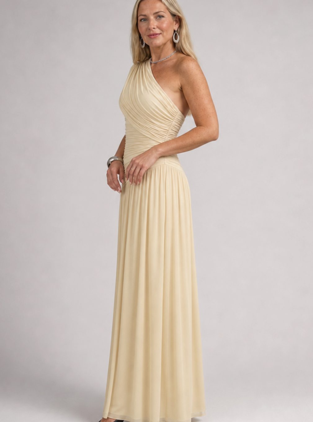 Women's One-Shoulder Ruched Bodice Maxi Cocktail Dress