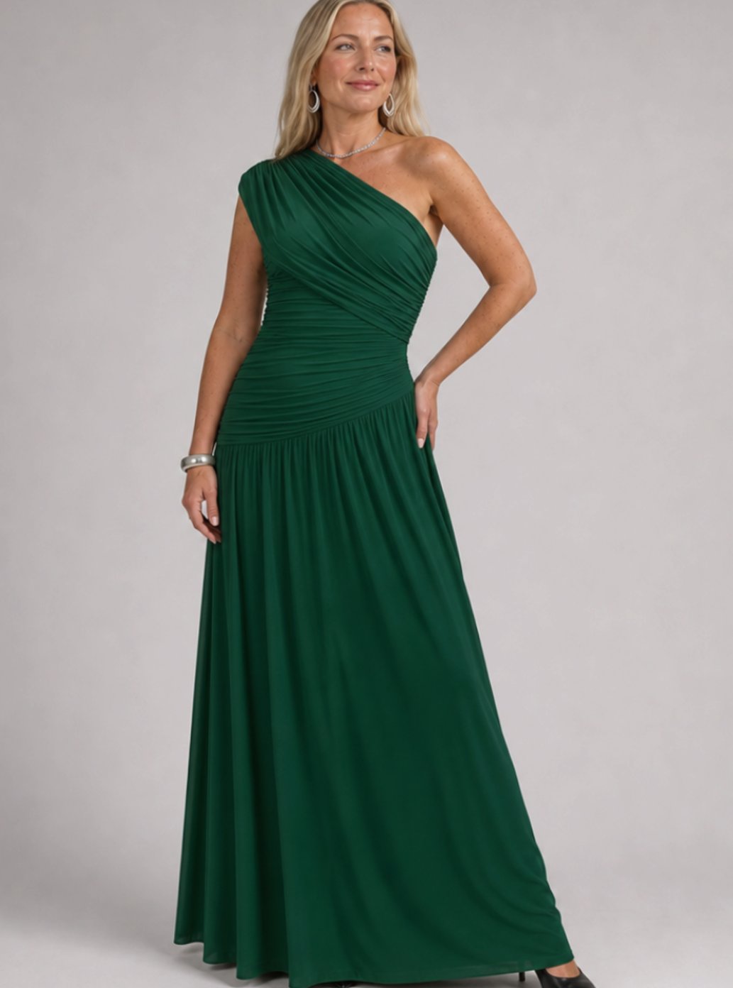 Women's One-Shoulder Ruched Bodice Maxi Cocktail Dress - Dark green