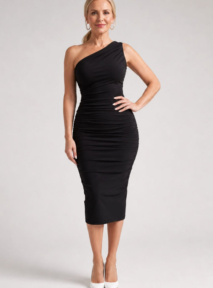 Women's One-Shoulder Ruched Detail Midi Cocktail Dress - Black