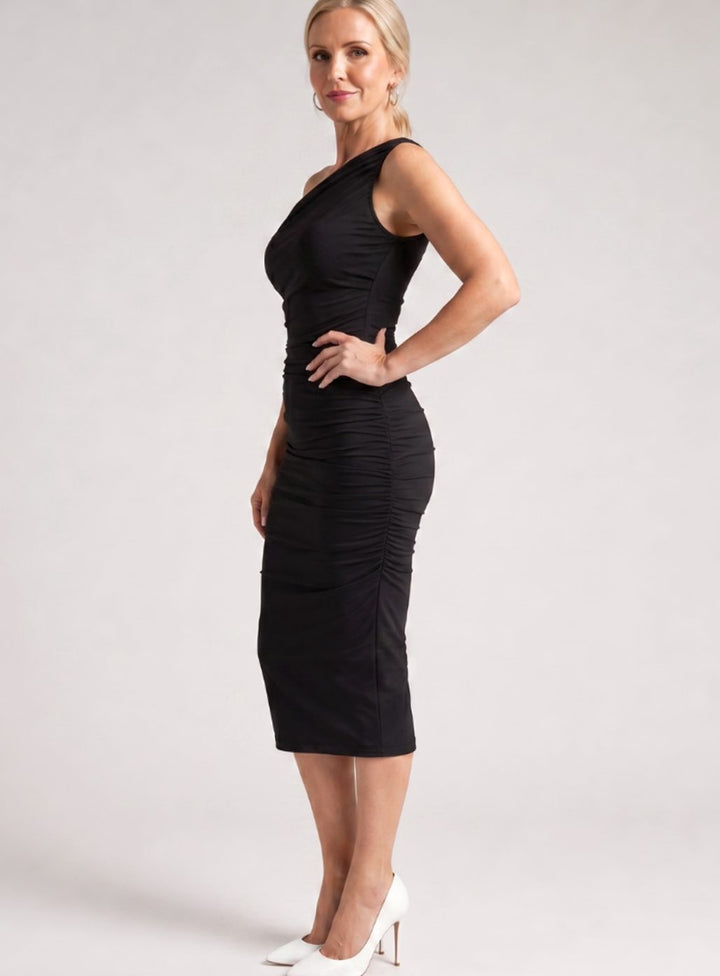 Women's One-Shoulder Ruched Detail Midi Cocktail Dress