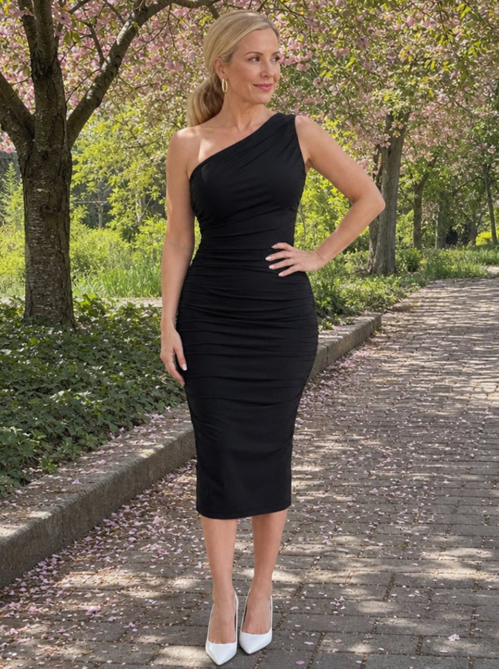 Women's One-Shoulder Ruched Detail Midi Cocktail Dress