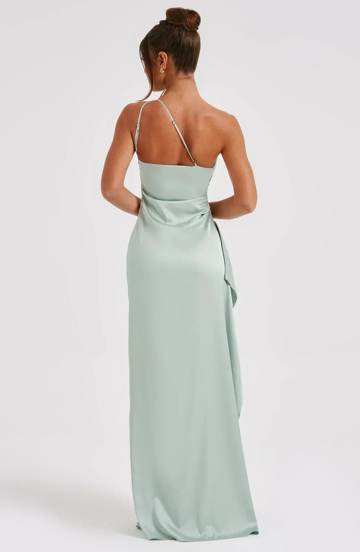 Women's One-Shoulder Satin Asymmetric High-Split Maxi Evening Dress
