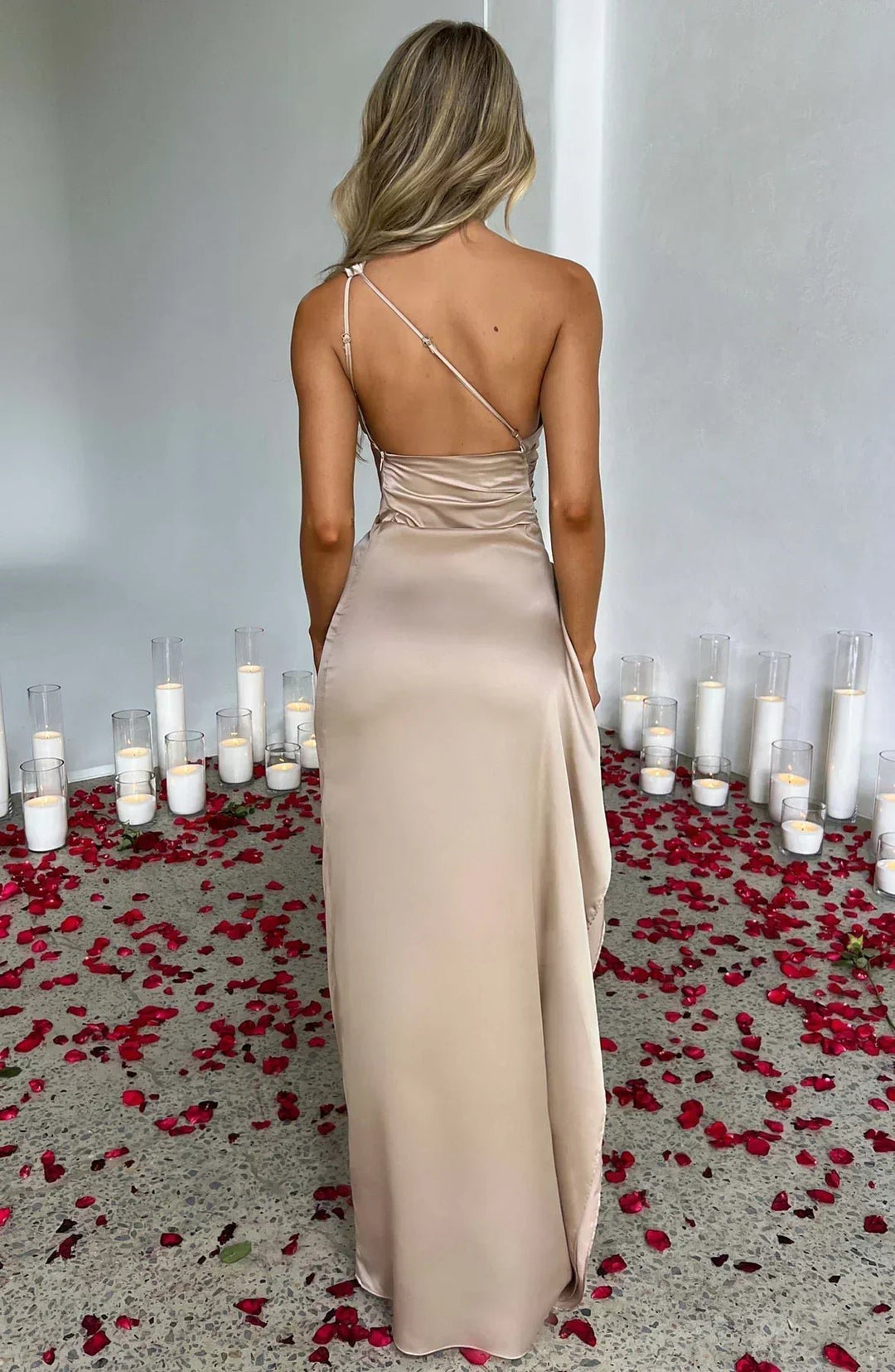 Women's One-Shoulder Satin Asymmetric High-Split Maxi Evening Dress