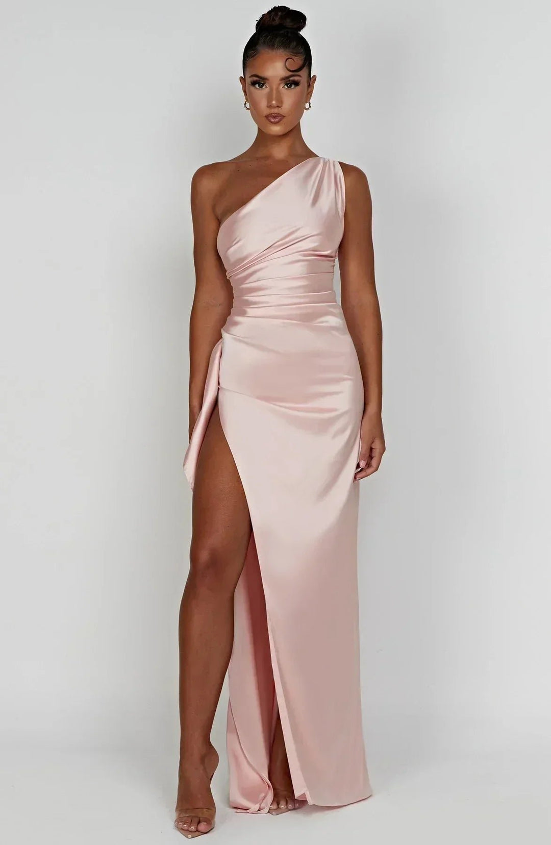 Women's One-Shoulder Satin Asymmetric High-Split Maxi Evening Dress - Pink