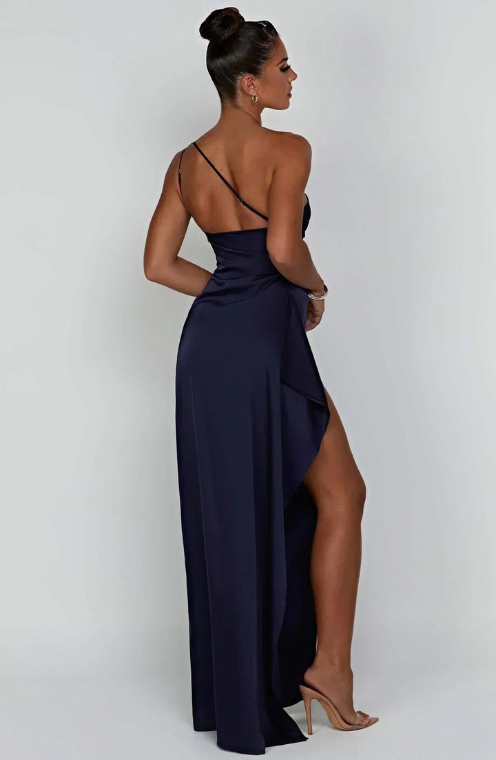 Women's One-Shoulder Satin Asymmetric High-Split Maxi Evening Dress