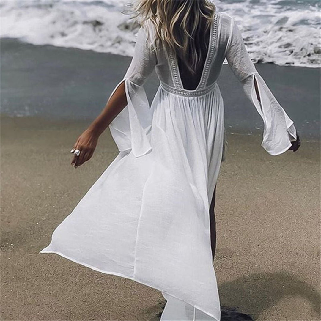 Women's Open-Back Flared-Sleeve Maxi Beach Tunic Dress
