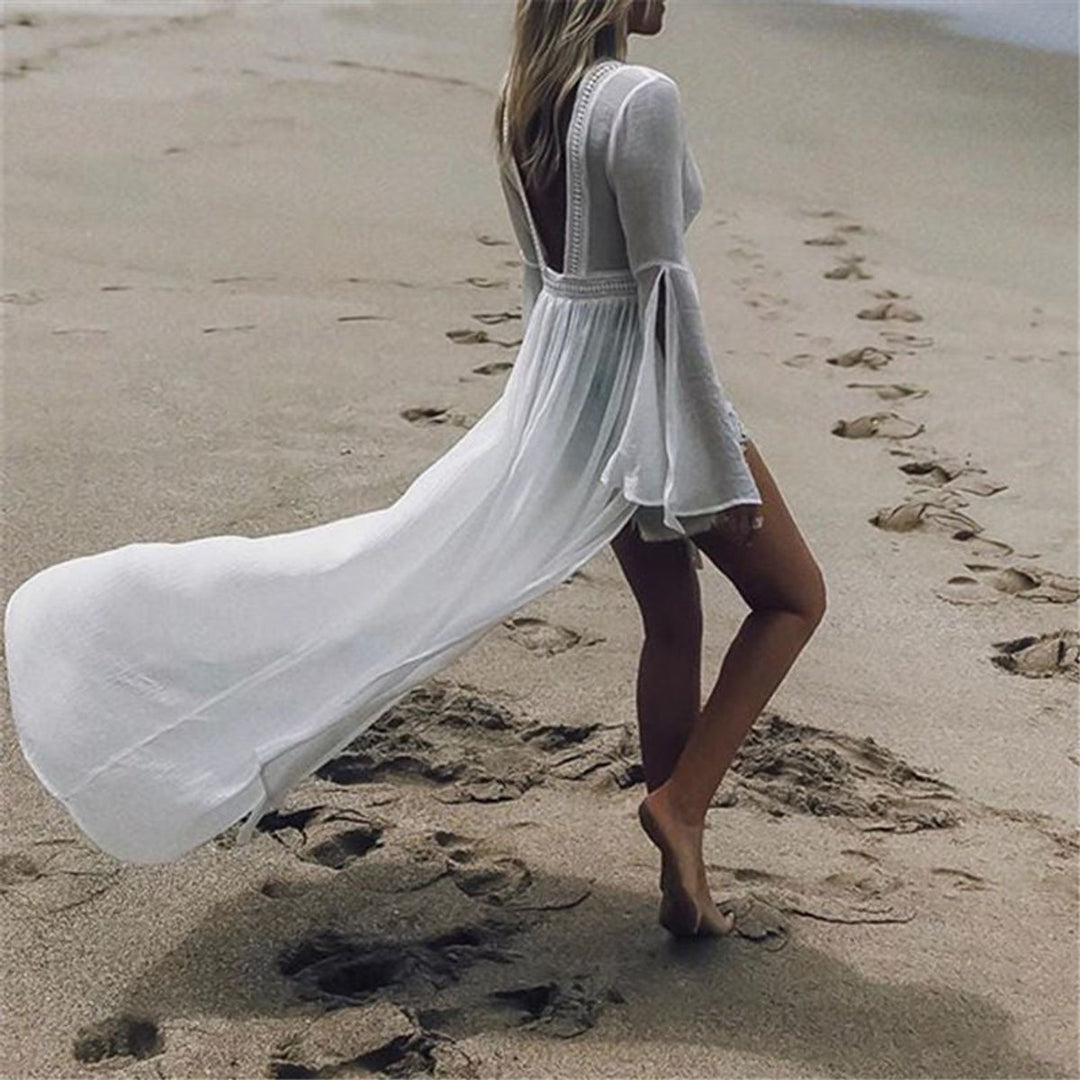 Women's Open-Back Flared-Sleeve Maxi Beach Tunic Dress