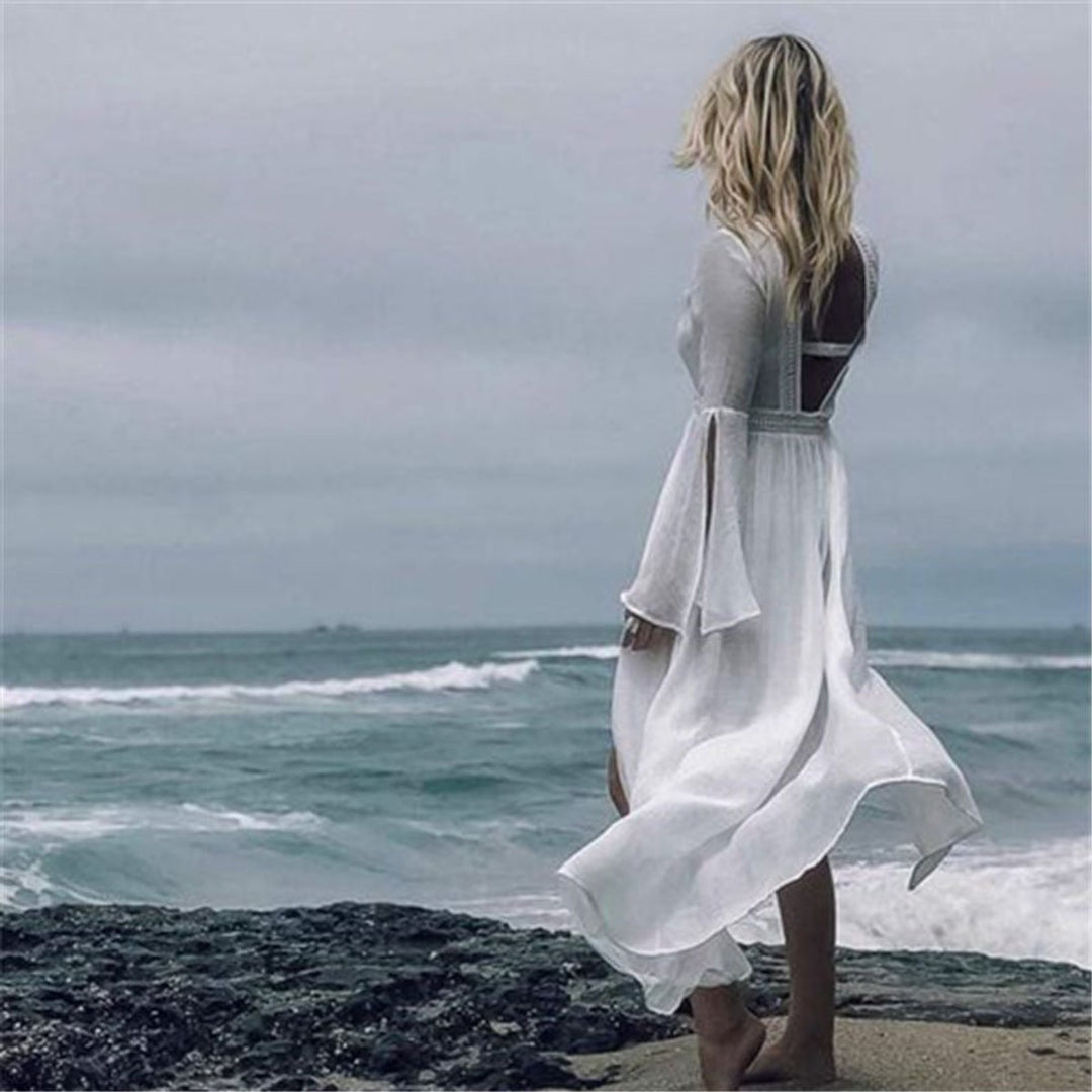 Women's Open-Back Flared-Sleeve Maxi Beach Tunic Dress