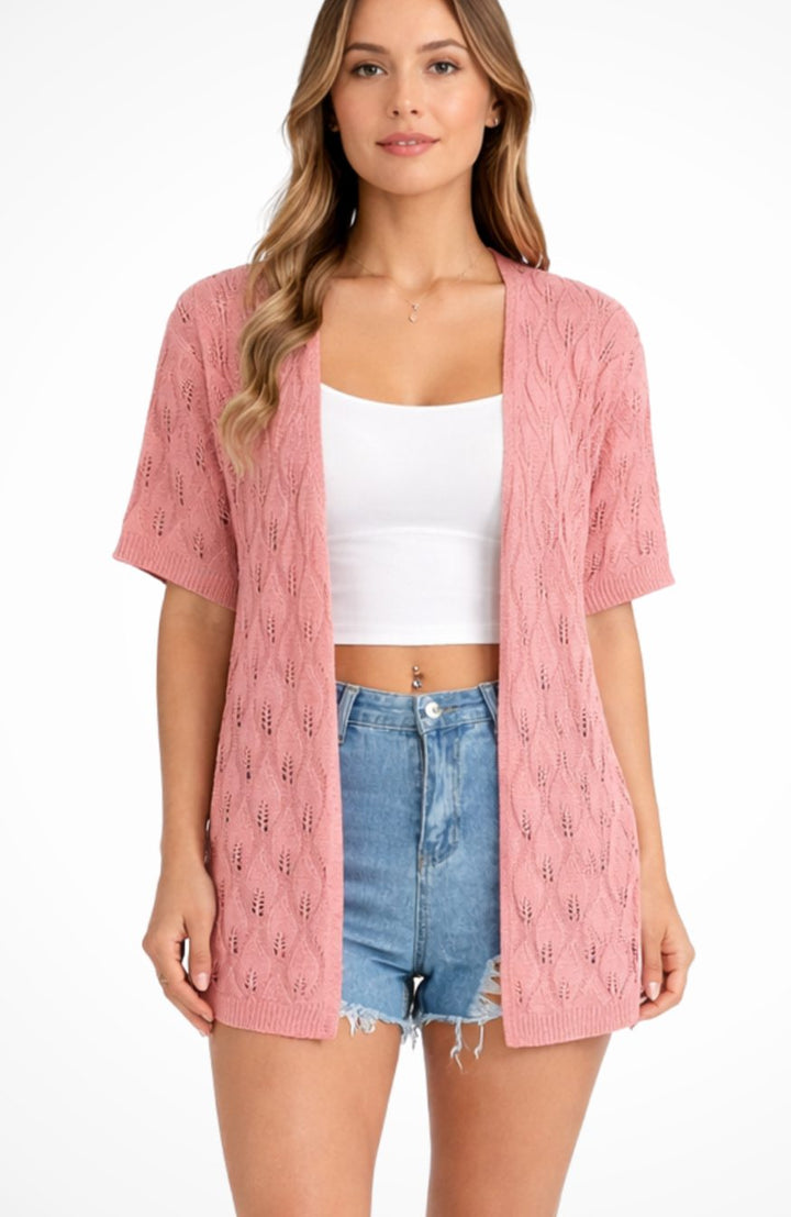 Women's Open-Front Crochet Knit Sweater Cardigan Short Sleeve - Pink