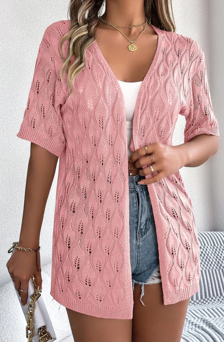 Women's Open-Front Crochet Knit Sweater Cardigan Short Sleeve