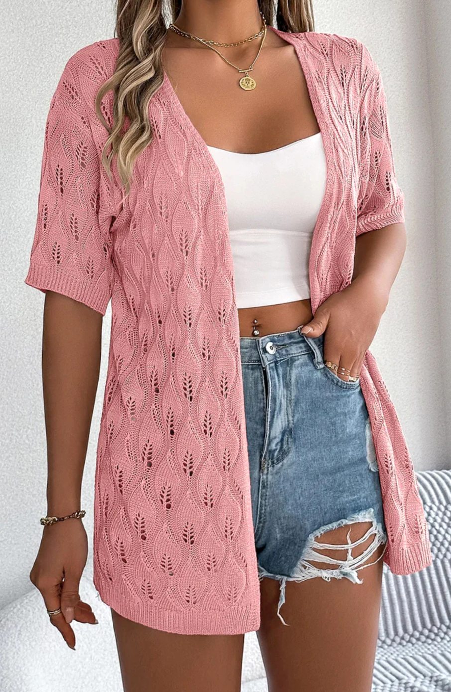 Women's Open-Front Crochet Knit Sweater Cardigan Short Sleeve