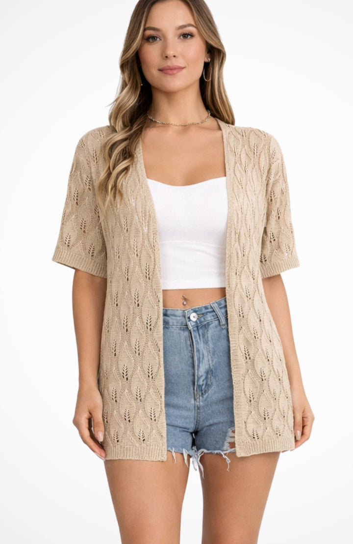 Women's Open-Front Crochet Knit Sweater Cardigan Short Sleeve - Khaki
