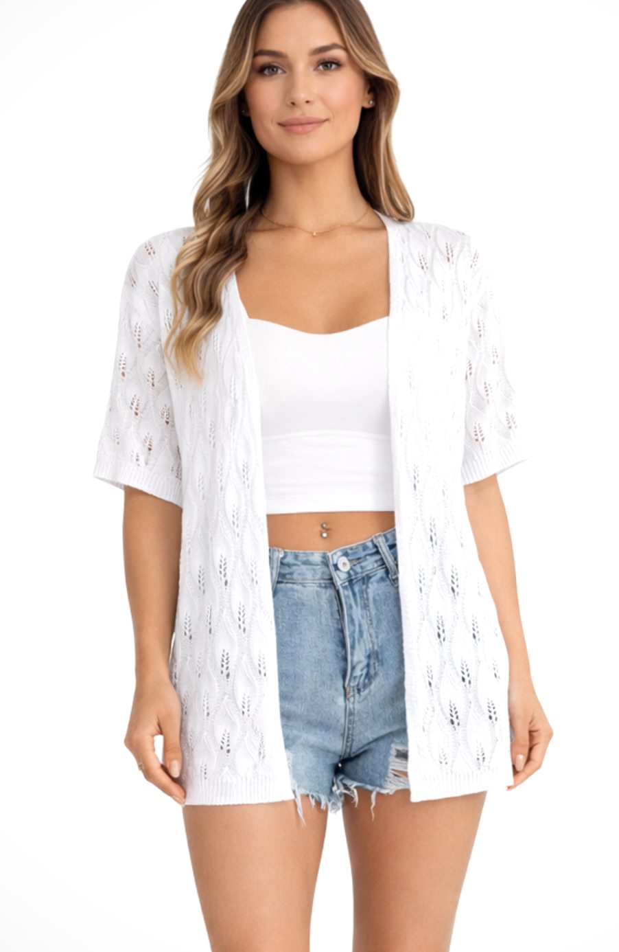 Women's Open-Front Crochet Knit Sweater Cardigan Short Sleeve - White