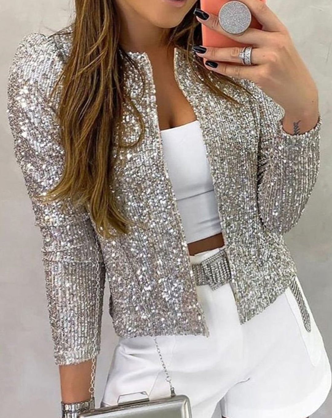 Women's Open-Front Sequin Sparkle Party Jacket - Silver